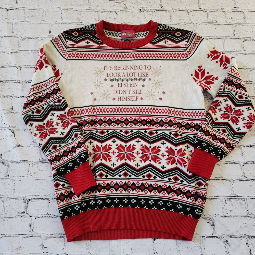 Ugly Christmas Sweater Mens Large Epstein Didnt Kill Himself Fair Isle Red White